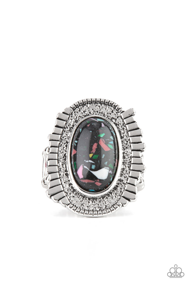 Terrazzo Trendsetter - Black Stone Ring - Paparazzi Accessories - Featuring a colorful terrazzo finish, an earthy black stone adorns the hammered center of an oversized silver frame adorned in an asymmetrical silver fringe for a hint of artisan edge.