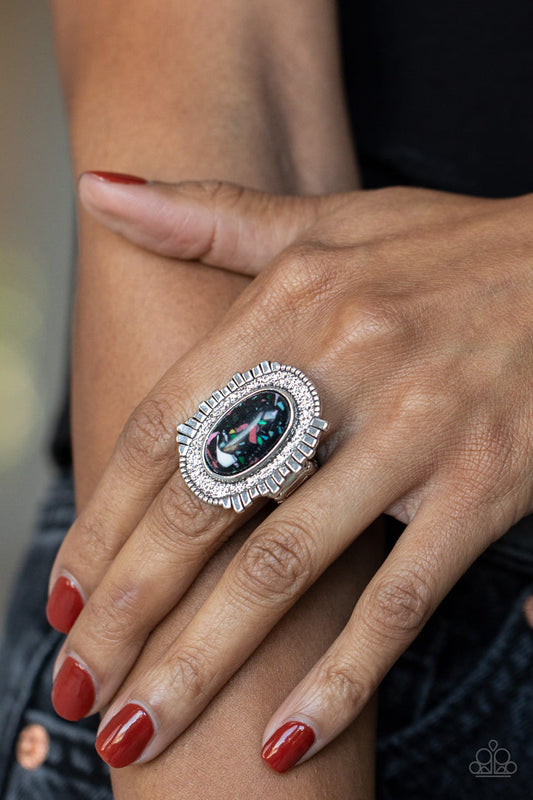 Terrazzo Trendsetter - Black Stone Ring - Paparazzi Accessories - Featuring a colorful terrazzo finish, an earthy black stone adorns the hammered center of an oversized silver frame adorned in an asymmetrical silver fringe for a hint of artisan edge.