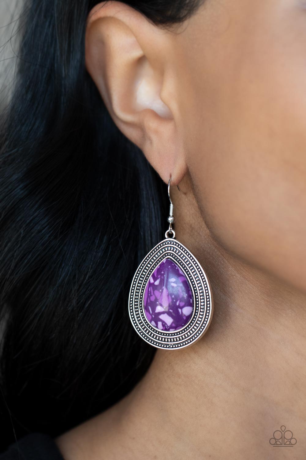 Terrazzo Tundra - Purple and Silver Earrings - Paparazzi Accessories - Featuring a colorful terrazzo pattern, a purple teardrop stone is pressed into the center of a silver frame studded and embossed in borders of tribal inspired textures. Earring attaches to a standard fishhook fitting. Sold as one pair of earrings.