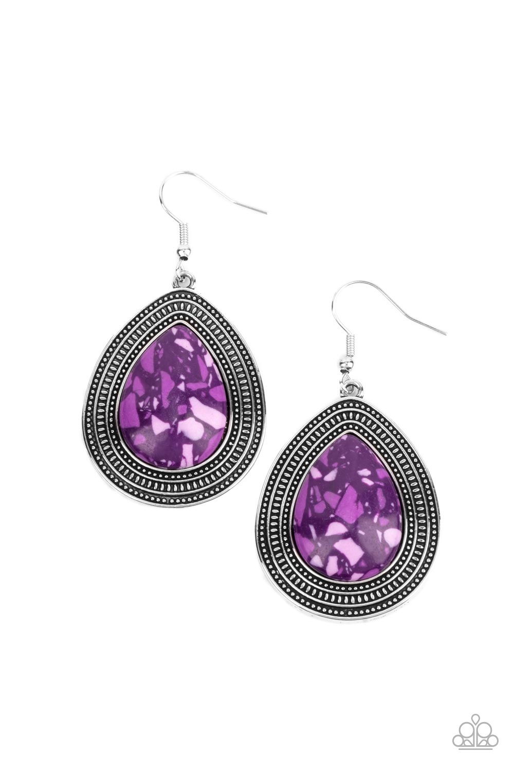 Terrazzo Tundra - Purple and Silver Fashion Earrings - Paparazzi Accessories - Featuring a colorful terrazzo pattern, a purple teardrop stone is pressed into the center of a silver frame studded and embossed in borders of tribal inspired textures. Earring attaches to a standard fishhook fitting. Sold as one pair of earrings.