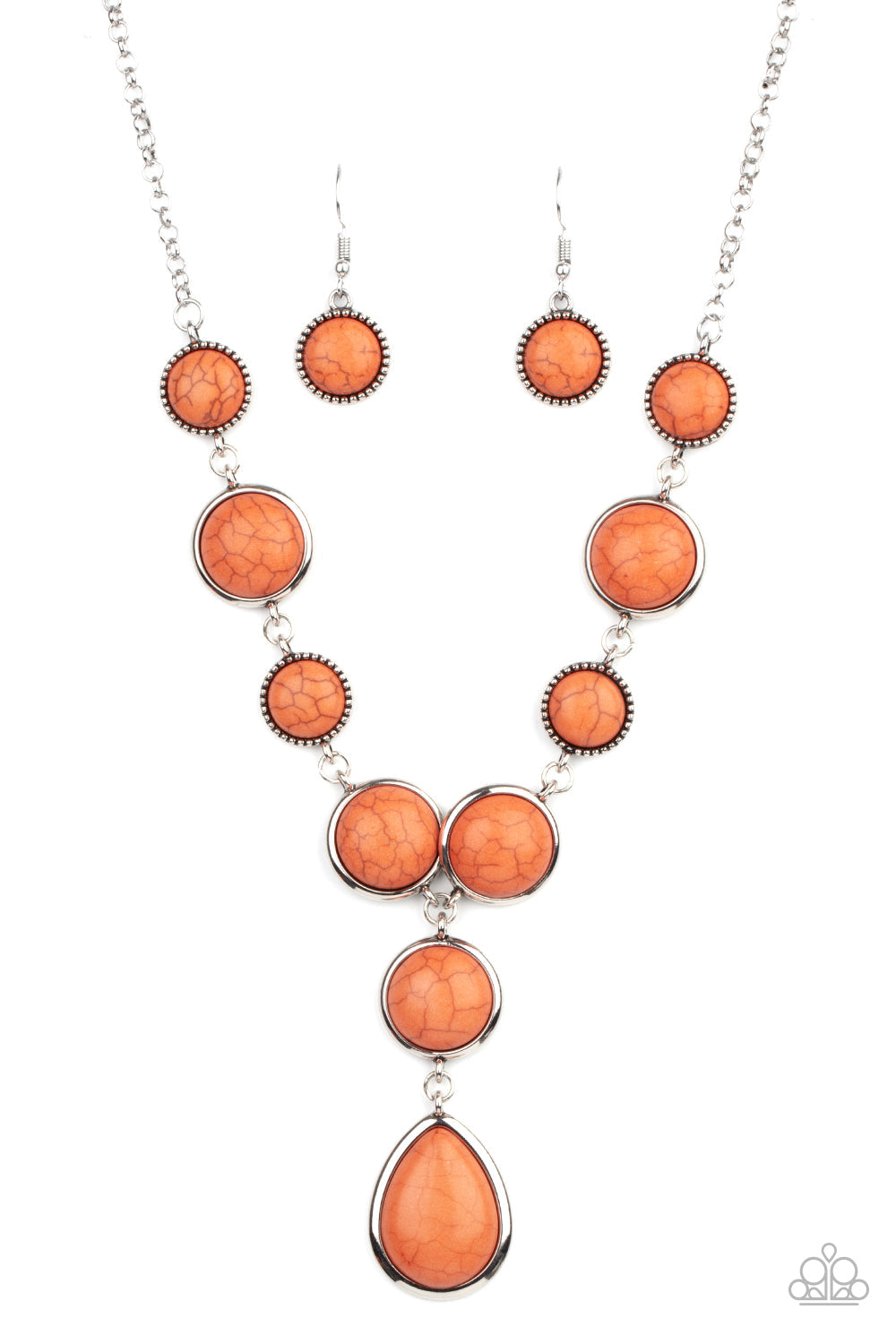 Terrestrial Trailblazer - Orange Stone - Silver Necklace - Paparazzi Accessories - Orange stones alternate below the collar. A refreshing orange stone teardrop swings from the bottom, for an earthy extended pendant. Features an adjustable clasp closure.