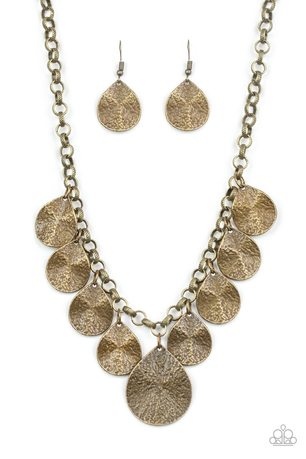 Texture Storm - Brass Fashion Necklace - Paparazzi Accessories - Hammered in antiqued shimmer, shiny brass teardrops dangle from a textured brass chain, creating an edgy fringe below the collar. Features an adjustable clasp closure.