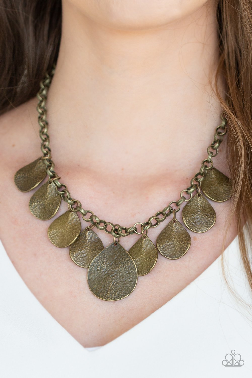 Texture Storm - Brass Fashion Necklace - Paparazzi Accessories - Hammered in antiqued shimmer, shiny brass teardrops dangle from a textured brass chain, creating an edgy fringe below the collar. Features an adjustable clasp closure.