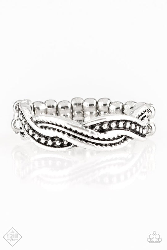 Texture Tango - Silver Fashion Ring - Paparazzi Accessories - Mismatched textures, ribbons of antiqued silver bands braid across the finger for a tribal inspired look. Features a dainty stretchy band, typically fit ladies ring sizes 5 - 9.