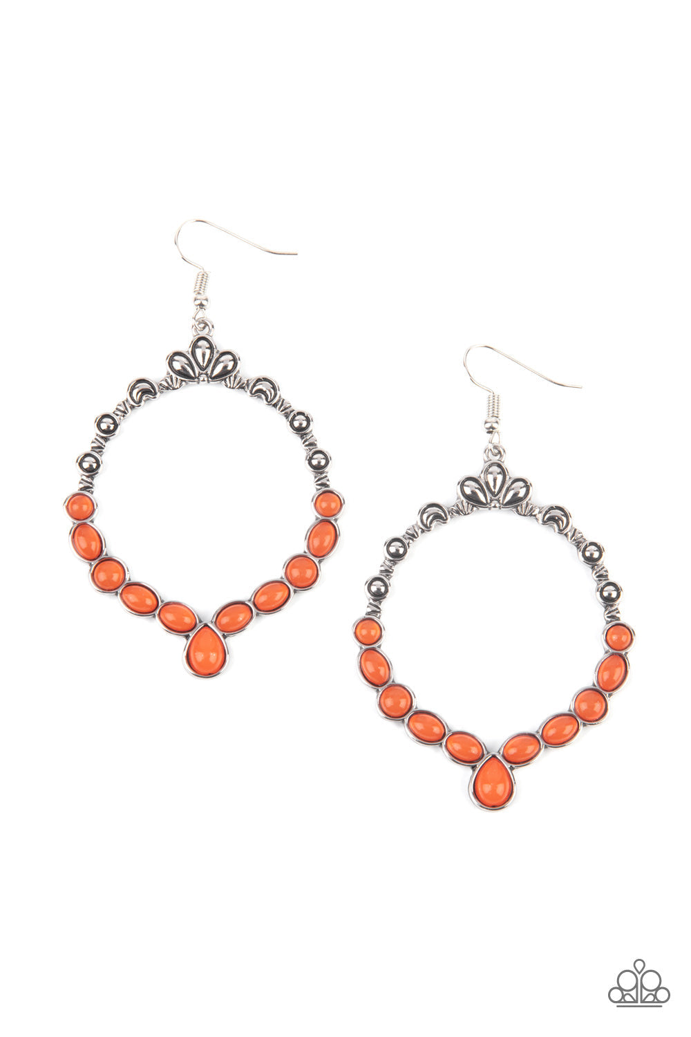 Thai Treasures - Orange and Silver Earrings - Paparazzi Accessories - Ornate floral motifs decorate the top half of an airy circular silver frame. A row of dewy orange oval and round beads creates a border along the lower half of the frame, culminating in a single teardrop accent for a demurely enchanting lure.