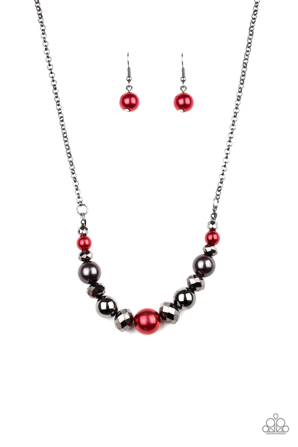 The Big-Leaguer - Red and Black Gunmetal Necklace - Paparazzi Accessories - A collection of pearly red, classic gunmetal, and crystal-like hematite beads are threaded along an invisible wire below the collar for a glamorous look. Features an adjustable clasp closure. Sold as one individual necklace.