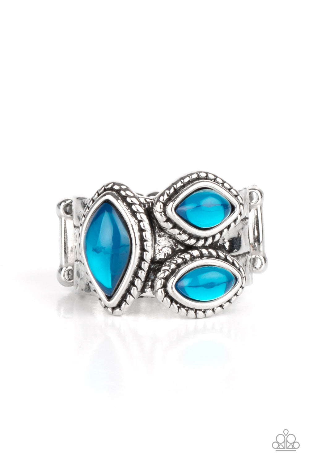 The Charisma Collector - Blue and Silver Ring - Paparazzi Accessories - Trio of glassy blue marquise beads embellish the front of a hammered silver band etched in faux layers, creating an ethereal display atop the finger.