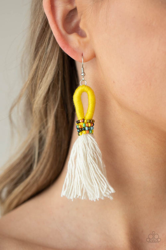 The Dustup - Yellow - Seed Beads - Tassel Earrings - Paparazzi Accessories - A tassel of soft white cotton fans out under rows of brightly colored seed beads. Anchored by a loop of vibrant yellow floss, the eye-catching style swings from the ear for a show-stopping statement.