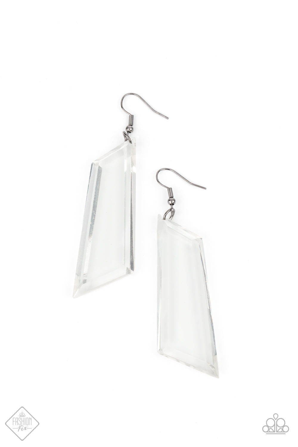 The Final Cut - Black Metal - Clear Acrylic Earrings - Paparazzi Accessories - Featuring a flashy emerald-like cut, an asymmetrical crystal-like acrylic frame swings from the ear, casting rainbow reflections with its glassy exterior. Earring attaches to a standard fishhook fitting. Sold as one pair of earrings.