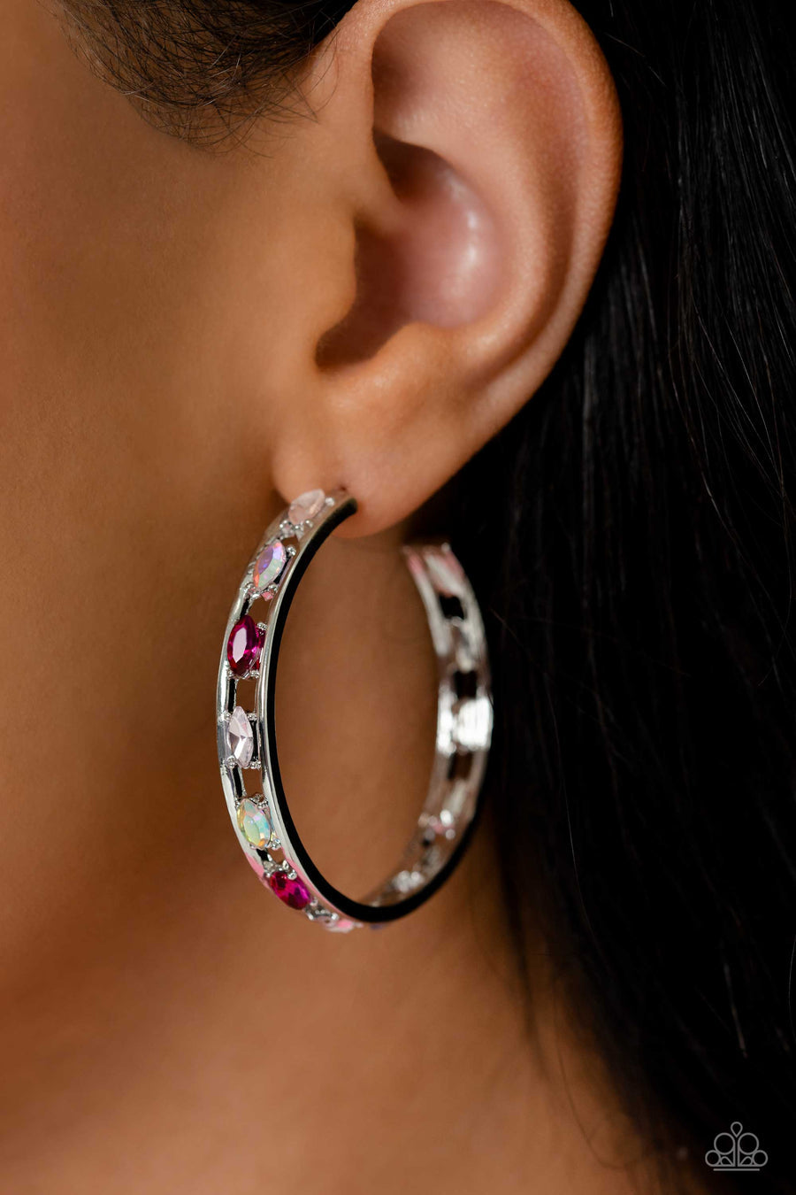 The Gem Fairy - Pink Hoop Earrings - Paparazzi Accessories - Dainty marquise-cut gems in varying finishes of pink fall in line between two bars of silver, creating an airy hoop as they curl around the ear. Earring attaches to a standard post fitting. Hoop measures approximately 1.75" in diameter.