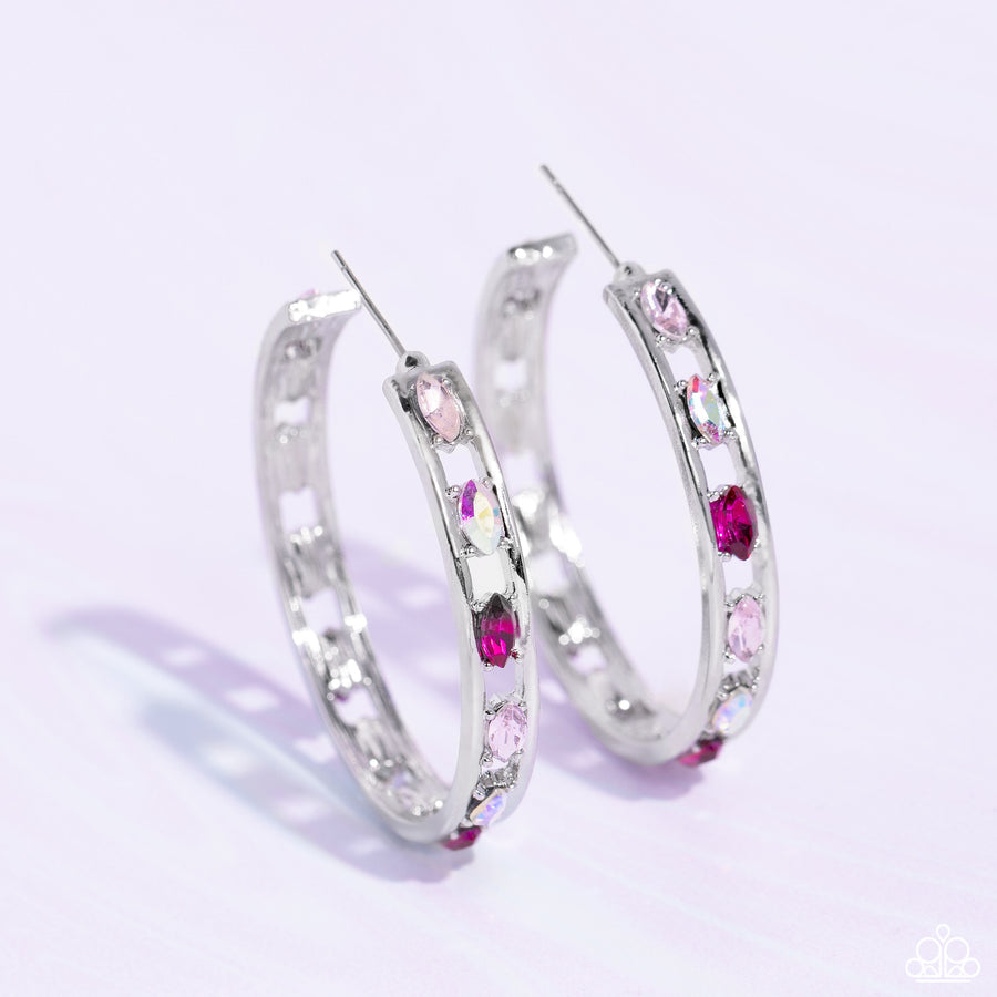 The Gem Fairy - Pink Hoop Earrings - Paparazzi Accessories - Dainty marquise-cut gems in varying finishes of pink fall in line between two bars of silver, creating an airy hoop as they curl around the ear. Earring attaches to a standard post fitting. Hoop measures approximately 1.75" in diameter.