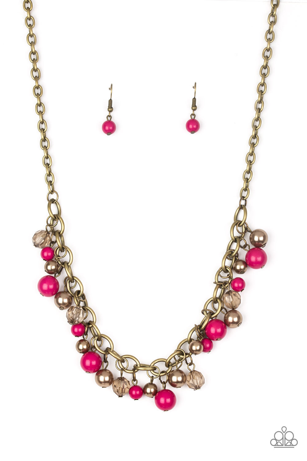 The GRIT Crowd - Pink and Brass Necklace - Paparazzi Accessories - Pearly brass, polished pink, and glittery crystal-like beads swing from a bold brass chain, creating a refined fringe below the collar. Features an adjustable clasp closure. Bejeweled Accessories By Kristie
