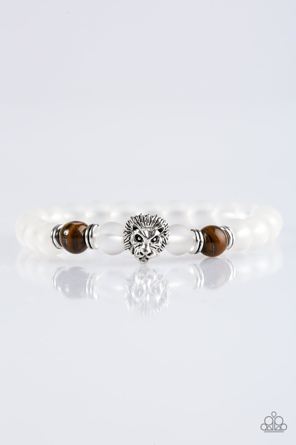The Lions Share - Brown Lion Bracelet - Paparazzi Accessories - Infused with a silver lion charm, glassy white and energetic tiger's eye stones are threaded along a stretchy elastic band for a seasonal look. Sold as one individual bracelet.