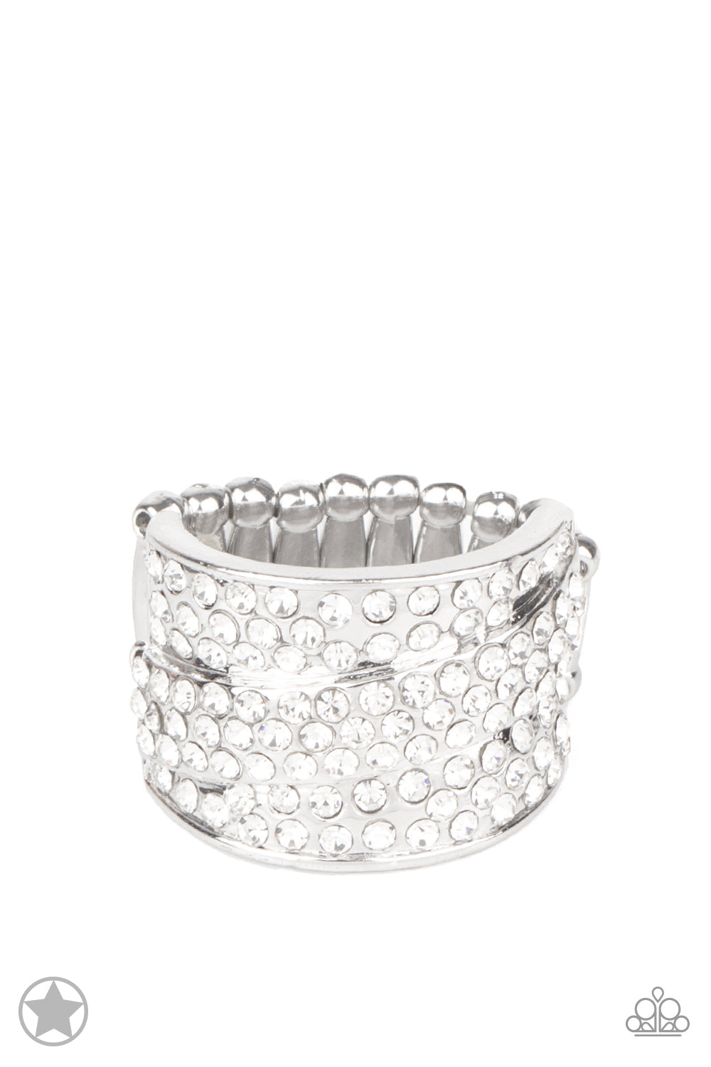 The Millionaires Club - White and Silver Fashion Ring - Paparazzi Accessories - Row upon row of glistening white rhinestones stack into an incandescent display. An additional row of sparkling rhinestones wraps diagonally across the band for an extra splash of refined shimmer. Features a stretchy band for a flexible fit. Sold as one individual ring.