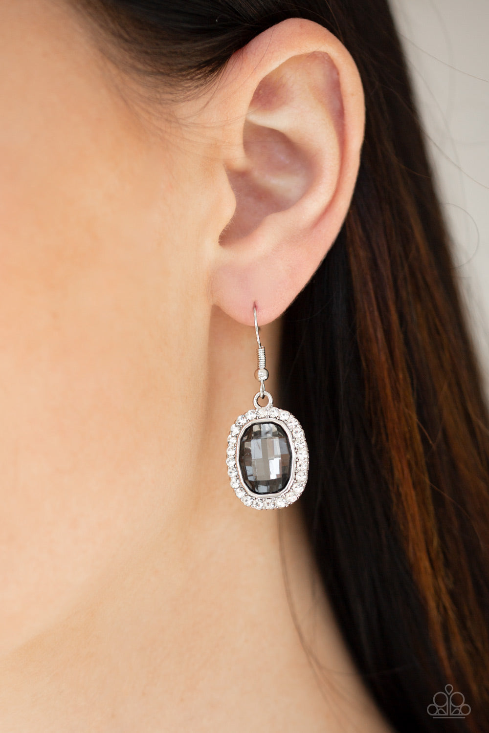 The Modern Monroe - Silver and Smoky Gem Earrings - Paparazzi Accessories - A smoky gem is pressed into a shimmery silver frame radiating with glassy white rhinestones for a timeless fashion. Earring attaches to a standard fishhook fitting.