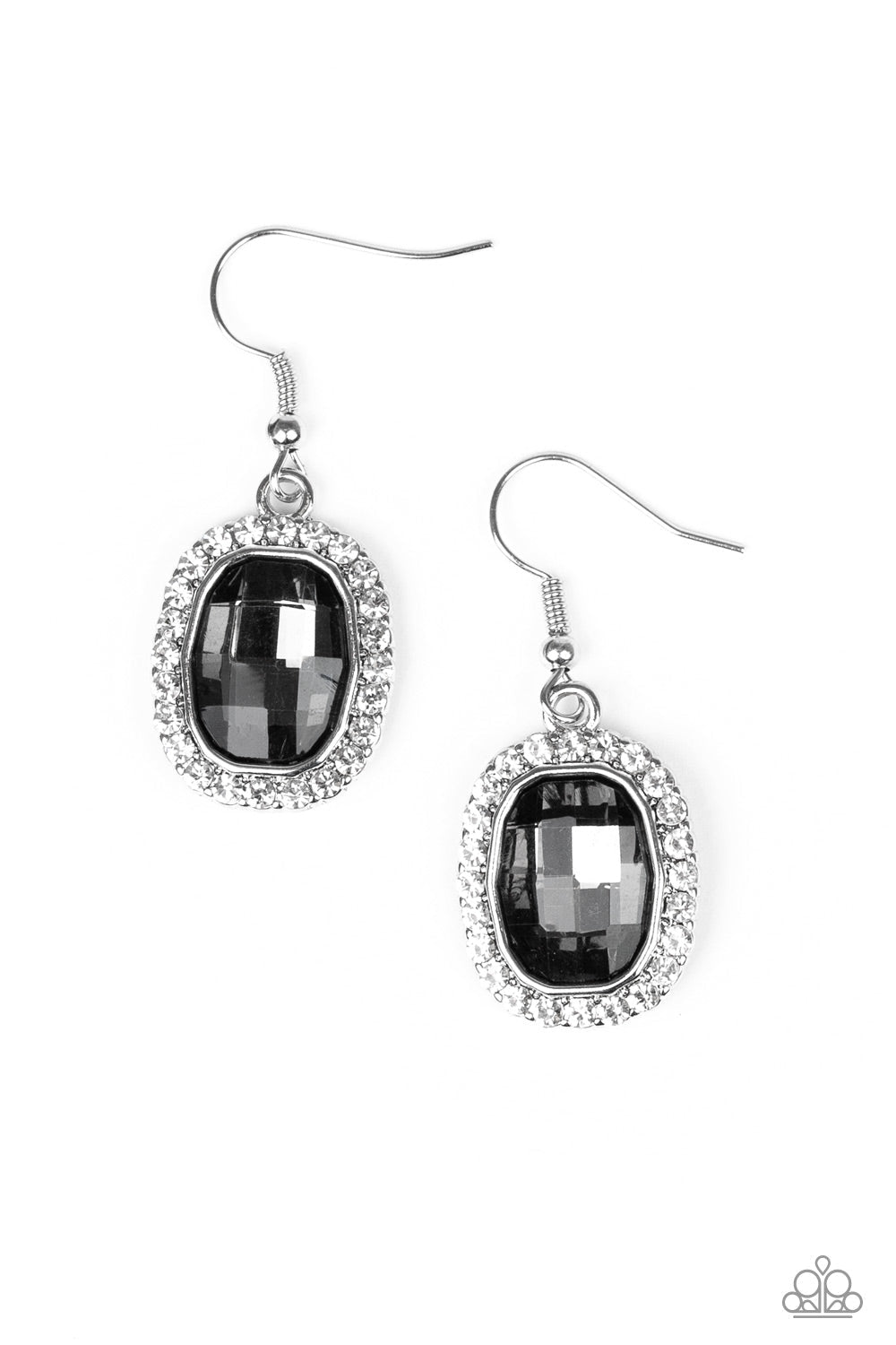 The Modern Monroe - Silver and Smoky Gem Earrings - Paparazzi Accessories -  A smoky gem is pressed into a shimmery silver frame radiating with glassy white rhinestones for a timeless fashion. Earring attaches to a standard fishhook fitting. 