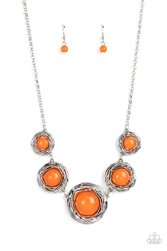 The Next Nest Thing - Orange and Silver Necklace - Paparazzi Accessories - Gradually increasing in size, a bubbly collection of oversized glassy orange beads adorn the centers of folds of silver buds below the collar for a seasonal fashion. Features an adjustable clasp closure. Sold as one individual necklace. 