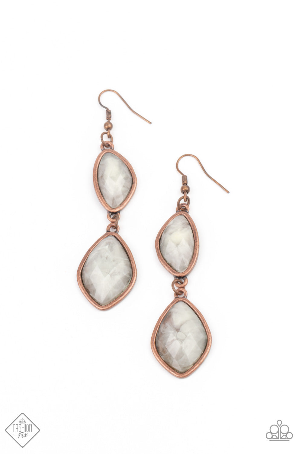 The Oracle Has Spoken - Copper Fashion Earrings - Paparazzi Accessories - Featuring dramatically faceted surfaces, cloudy faux stone beads are pressed into rustic copper frames that link into a whimsically refined lure. Earring attaches to a standard fishhook fitting. Sold as one pair of earrings.