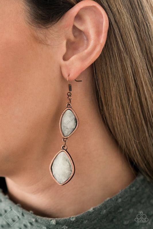 The Oracle Has Spoken - Copper Earrings - Paparazzi Accessories - Featuring dramatically faceted surfaces, cloudy faux stone beads are pressed into rustic copper frames that link into a whimsically refined lure. Earring attaches to a standard fishhook fitting. Sold as one pair of earrings.