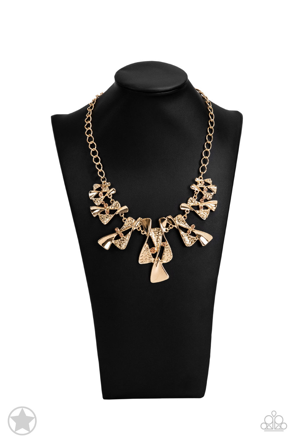 The Sands of Time - Gold - Peach Necklace - Paparazzi Accessories - Twisted gold hourglasses dance along a chunky gold chain with tiny peach rhinestones adding sparkling, elegant accents. The textured pieces add depth to this stylish necklace. 