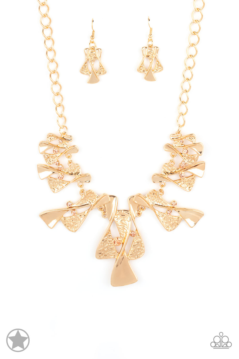 The Sands of Time - Gold - Peach Necklace - Paparazzi Accessories - Twisted gold hourglasses dance along a chunky gold chain with tiny peach rhinestones adding sparkling, elegant accents. The textured pieces add depth to this stylish necklace.