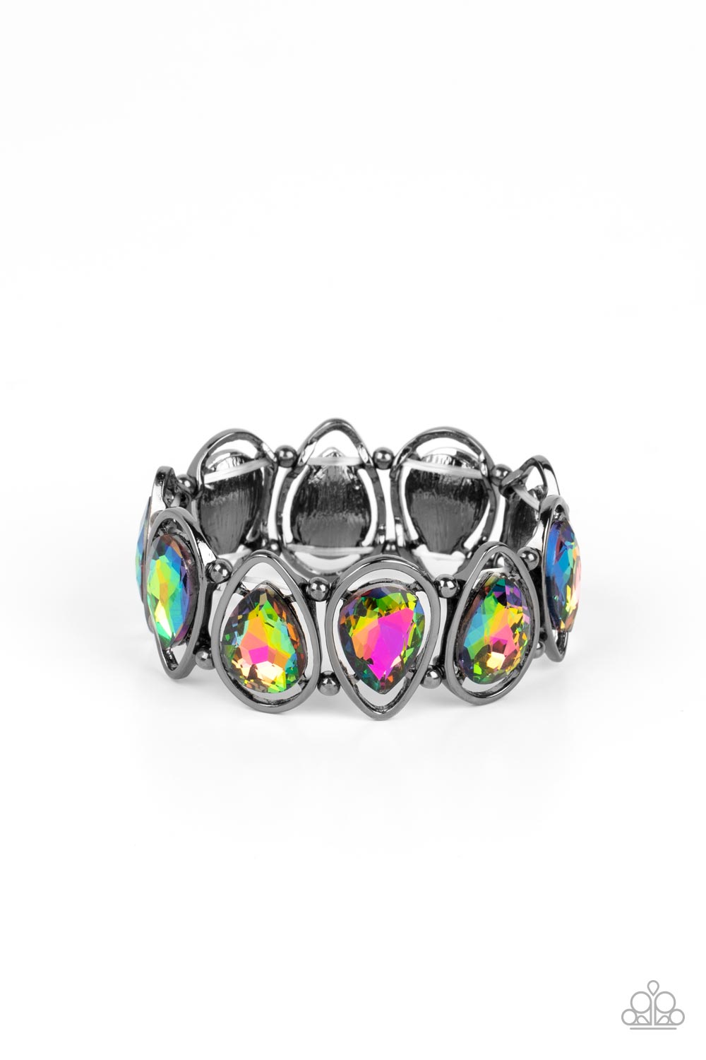 The Sparkle Society - Multi Color - Oil Spill Bracelet - Paparazzi Accessories - Oversized teardrop gems, coated in a shimmery oil spill finish are seemingly suspended inside gunmetal teardrop frames. The airy borders allow the faceted edges of the teardrop beads to take center stage, as the frames, separated by tiny gunmetal beads, wrap around the wrist on stretchy bands. 