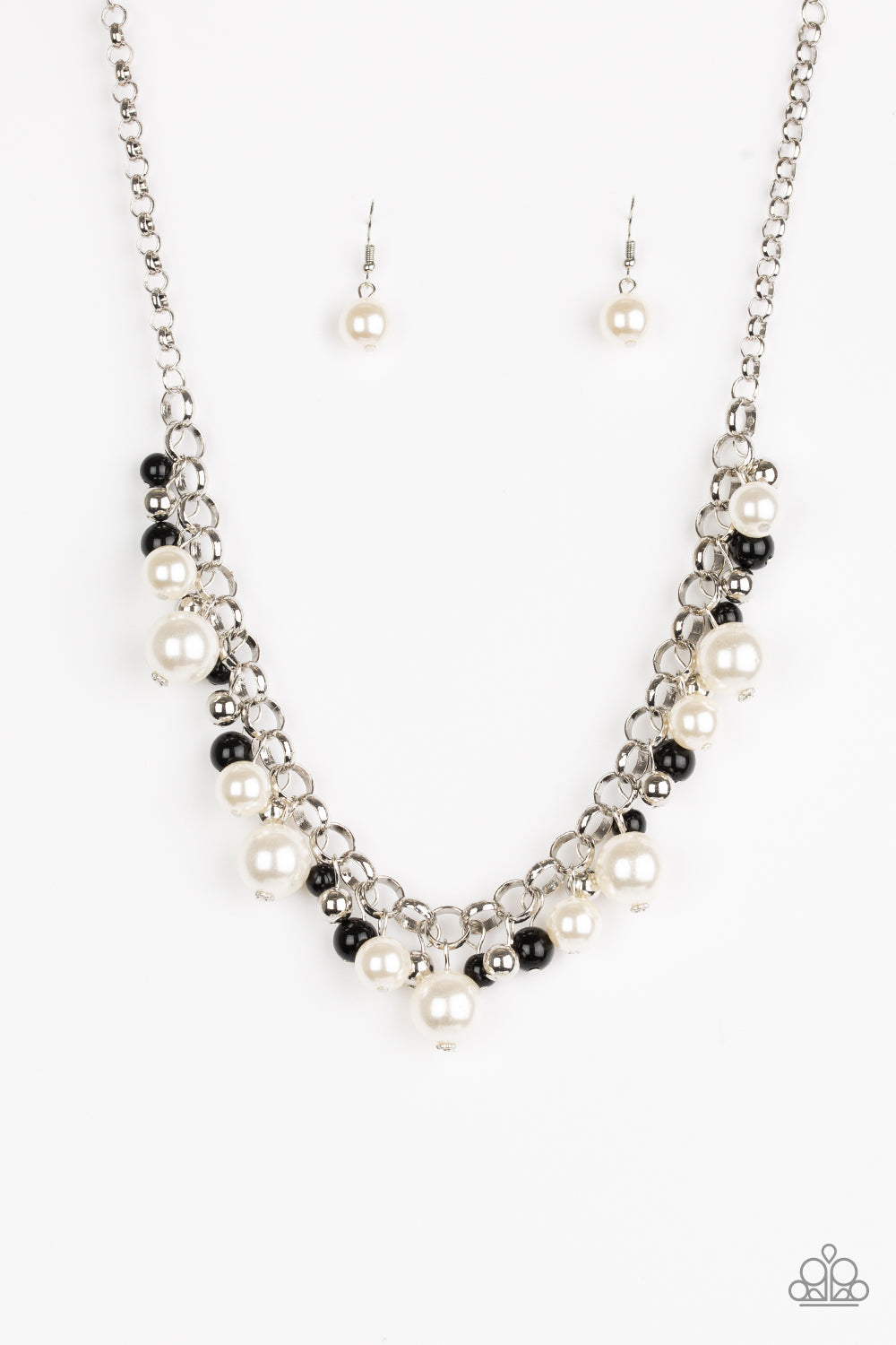 The Upstater - Black and White Pearl Necklace - Paparazzi Accessories -  Varying in size, bubbly white pearls, classic silver beads, and shiny black beads swing from the bottom of a glistening silver chain, creating a refined fringe below the collar. Features an adjustable clasp closure. Bejeweled Accessories By Kristie - Trendy fashion jewelry for everyone -