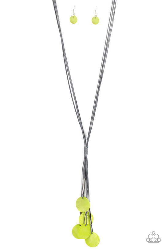 Tidal Tassels - Green and Gray Fashion Necklace - Paparazzi Accessories - Featuring cylindrical silver accents, iridescent green shell-like discs swing from the ends of knotted Ultimate Gray cords, creating a vivacious tassel. Features an adjustable sliding knot closure.