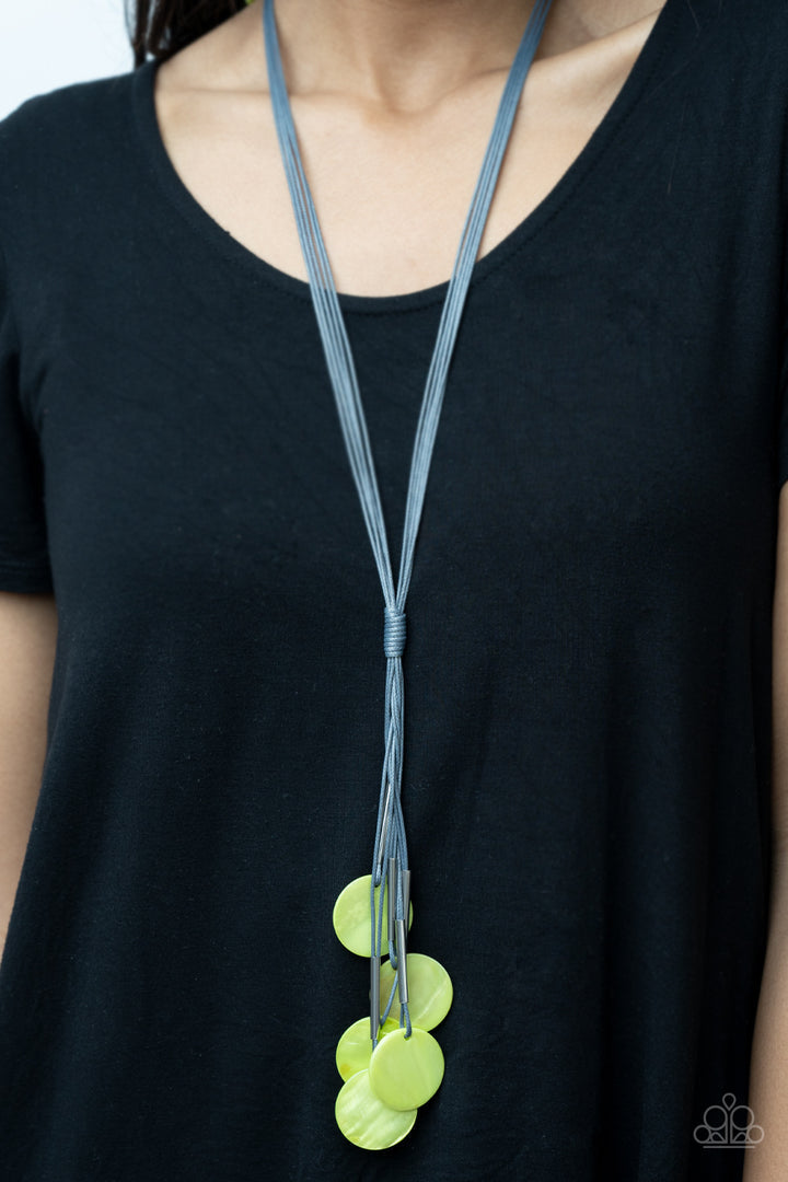 Tidal Tassels - Green and Gray Necklace - Paparazzi Accessories - Featuring cylindrical silver accents, iridescent green shell-like discs swing from the ends of knotted Ultimate Gray cords, creating a vivacious tassel. Features an adjustable sliding knot closure.