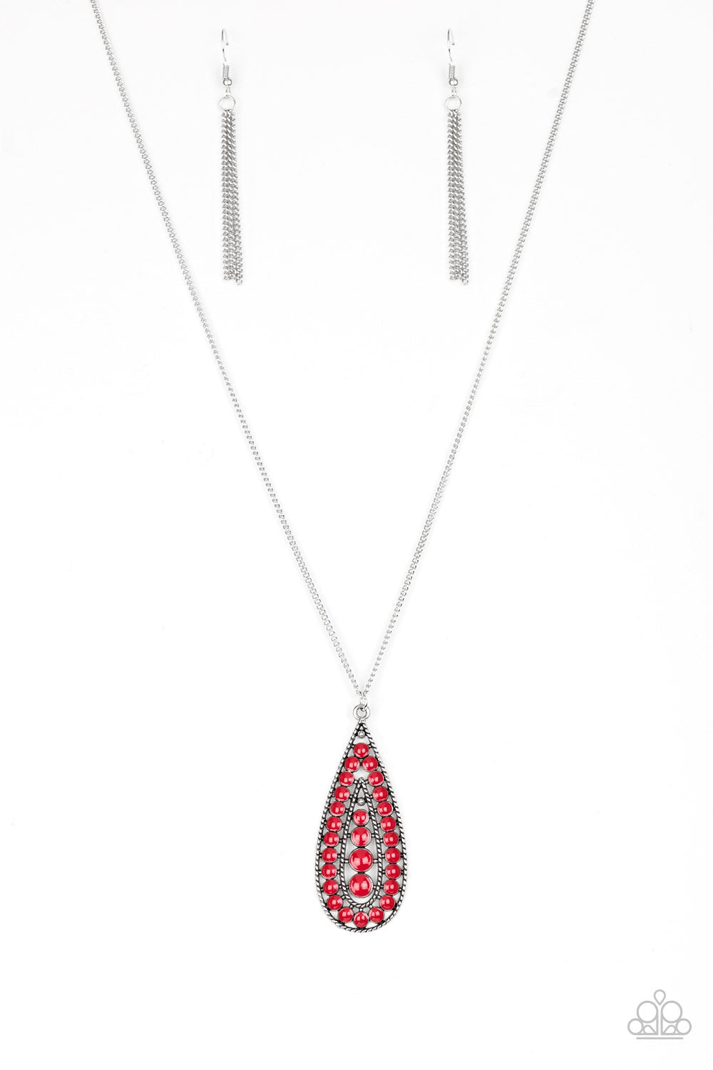 Tiki Tease - Red and Silver Fashion Necklace - Paparazzi Accessories - Fiery red finish a bubbly silver teardrop swings from the bottom of an long silver chain for a tribal inspired look. Features an adjustable clasp closure.