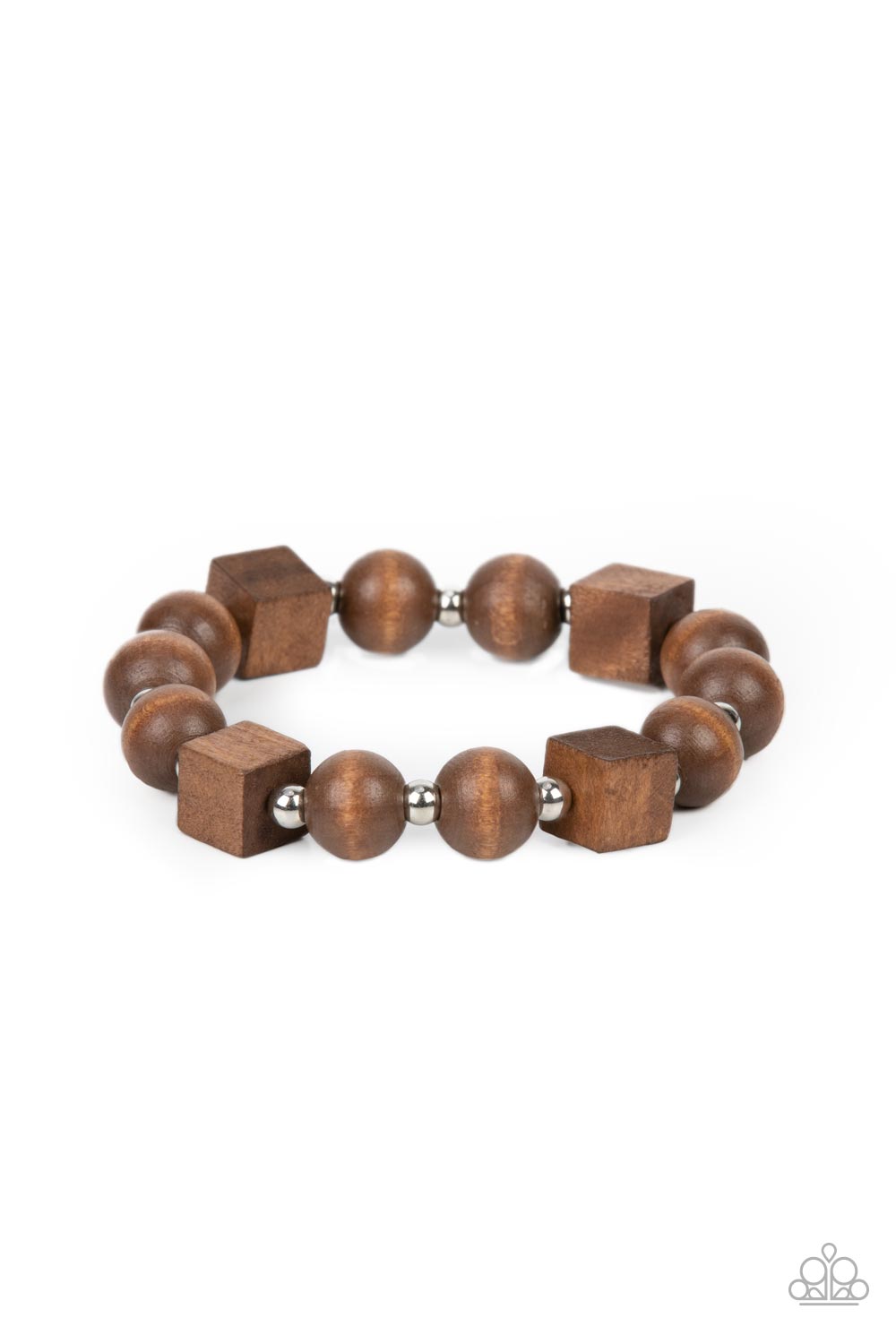Timber Trendsetter - Earthy Brown Wood - Silver Stretchy Bracelet - Paparazzi Accessories - An earthy collection of round and cube wooden beads are threaded along a stretchy band around the wrist for a natural look. 