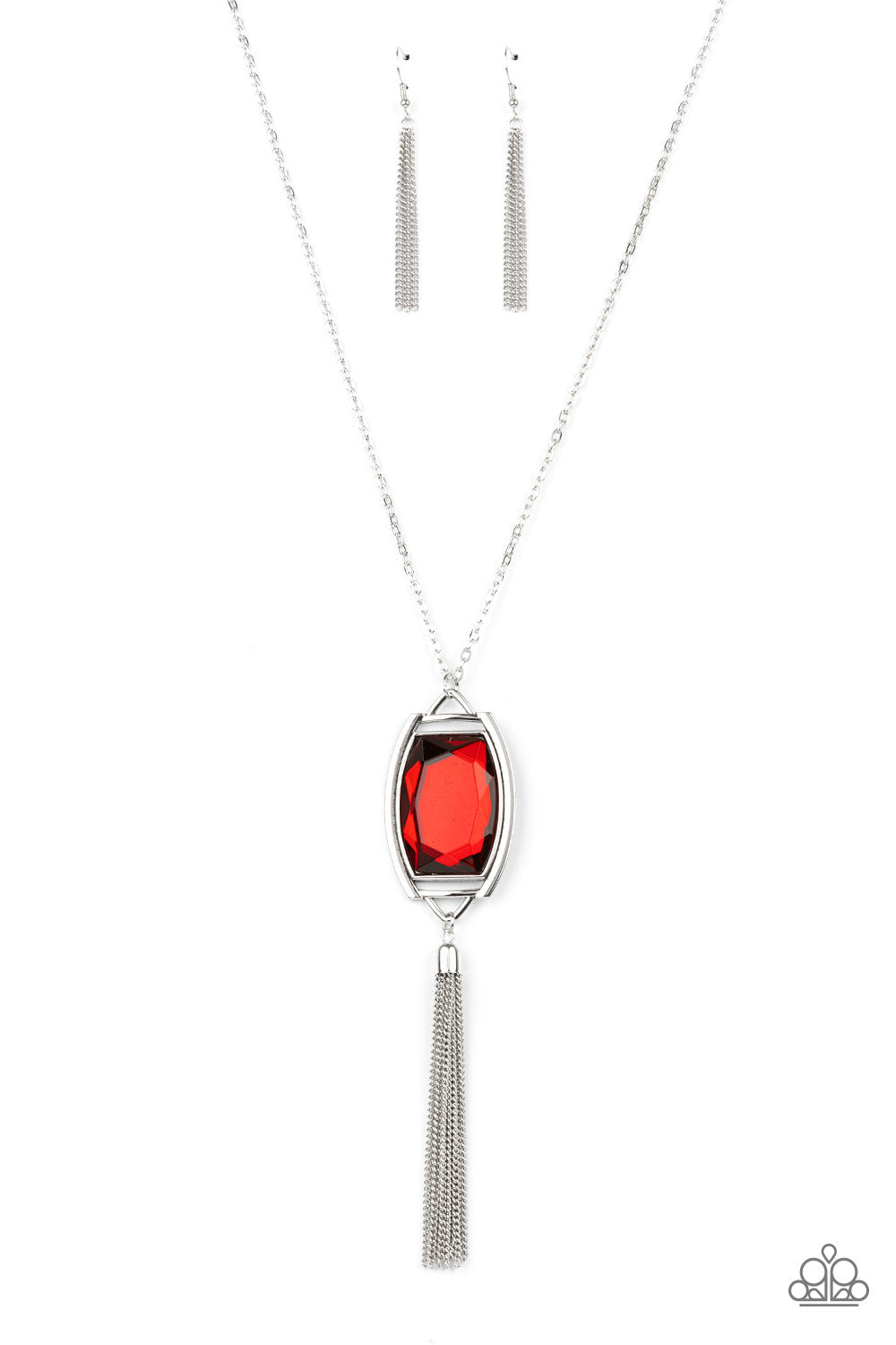 Timeless Talisman - Red Gem - Silver Fashion Necklace - Paparazzi Accessories - Encased in an antiqued silver frame, an oversized red gem swings from the bottom of an ornate silver chain. A shimmery silver chain tassel swings from the bottom of the sparkly pendant, creating a regal talisman. Features an adjustable clasp closure. Bejeweled Accessories By Kristie - Trendy fashion jewelry for everyone -