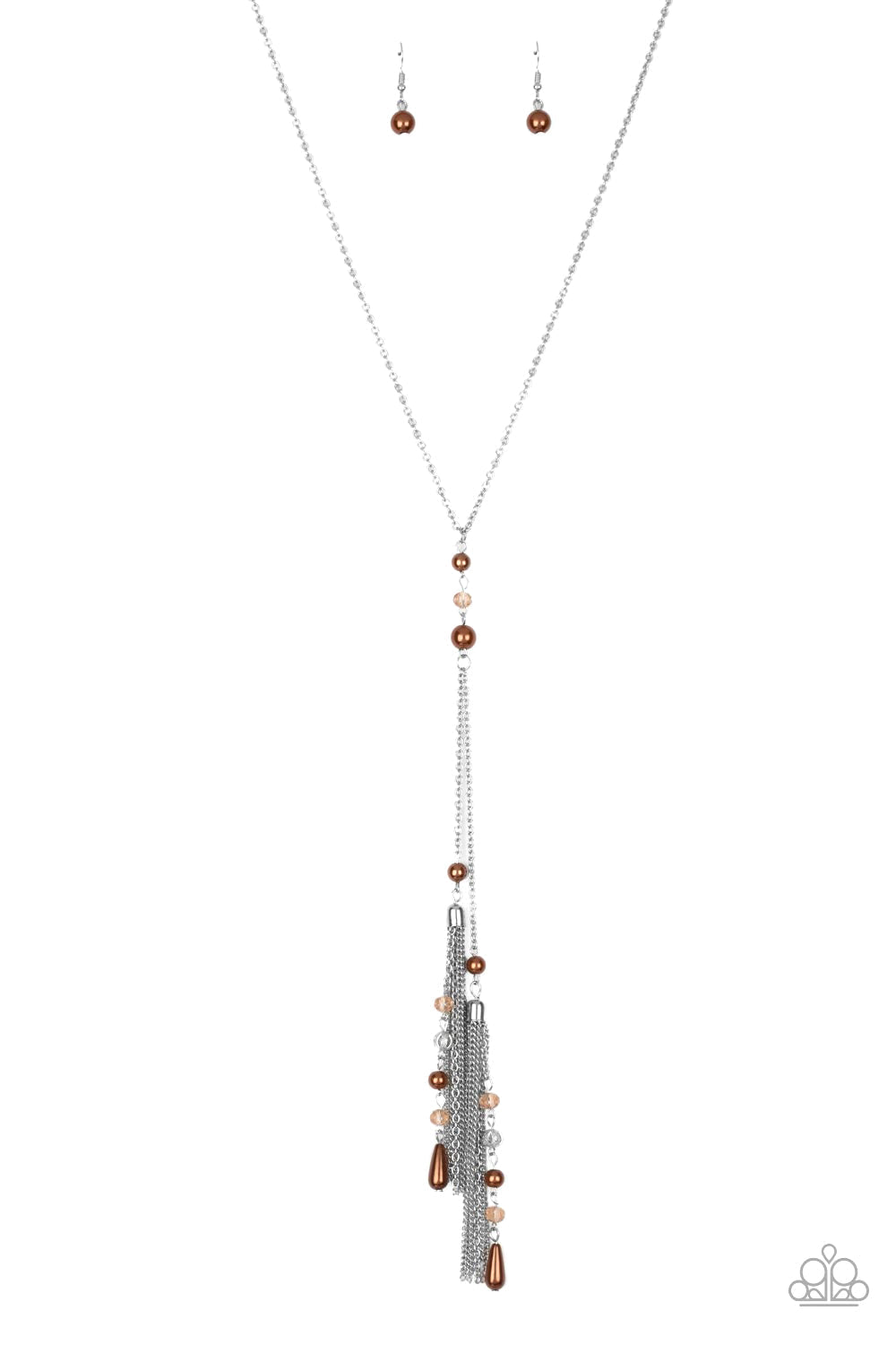 Timeless Tassels - Brown Pearl and Silver Necklace - Paparazzi Accessories - Dainty brown pearls and sparkling brown crystal-like beads give way to two shimmery silver chain tassels. Infused with ornate silver beads, strands of matching beads trickle down the tassels for a refined flair. Features an adjustable clasp closure.