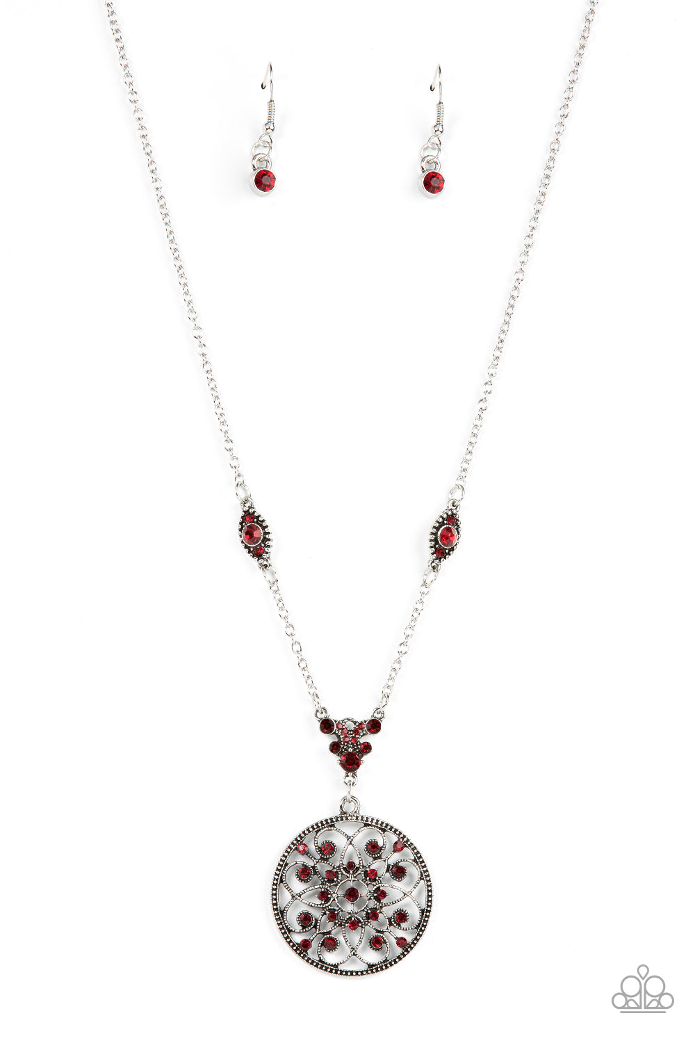 TIMELESS Traveler - Red and Silver Fashion Necklace - Paparazzi Accessories - Glittery red rhinestones are sprinkled across a silver floral frame, creating a timeless pendant at the bottom of a dainty silver chain that has been enhanced with matching red rhinestone embellished frames. Features an adjustable clasp closure. Trendy fashion jewelry for everyone -