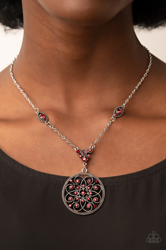 TIMELESS Traveler - Red Glittery - Silver Fashion Necklace - Paparazzi Accessories - Glittery red rhinestones are sprinkled across a silver floral frame, creating a timeless pendant at the bottom of a dainty silver chain that has been enhanced with matching red rhinestone embellished frames. Features an adjustable clasp closure.