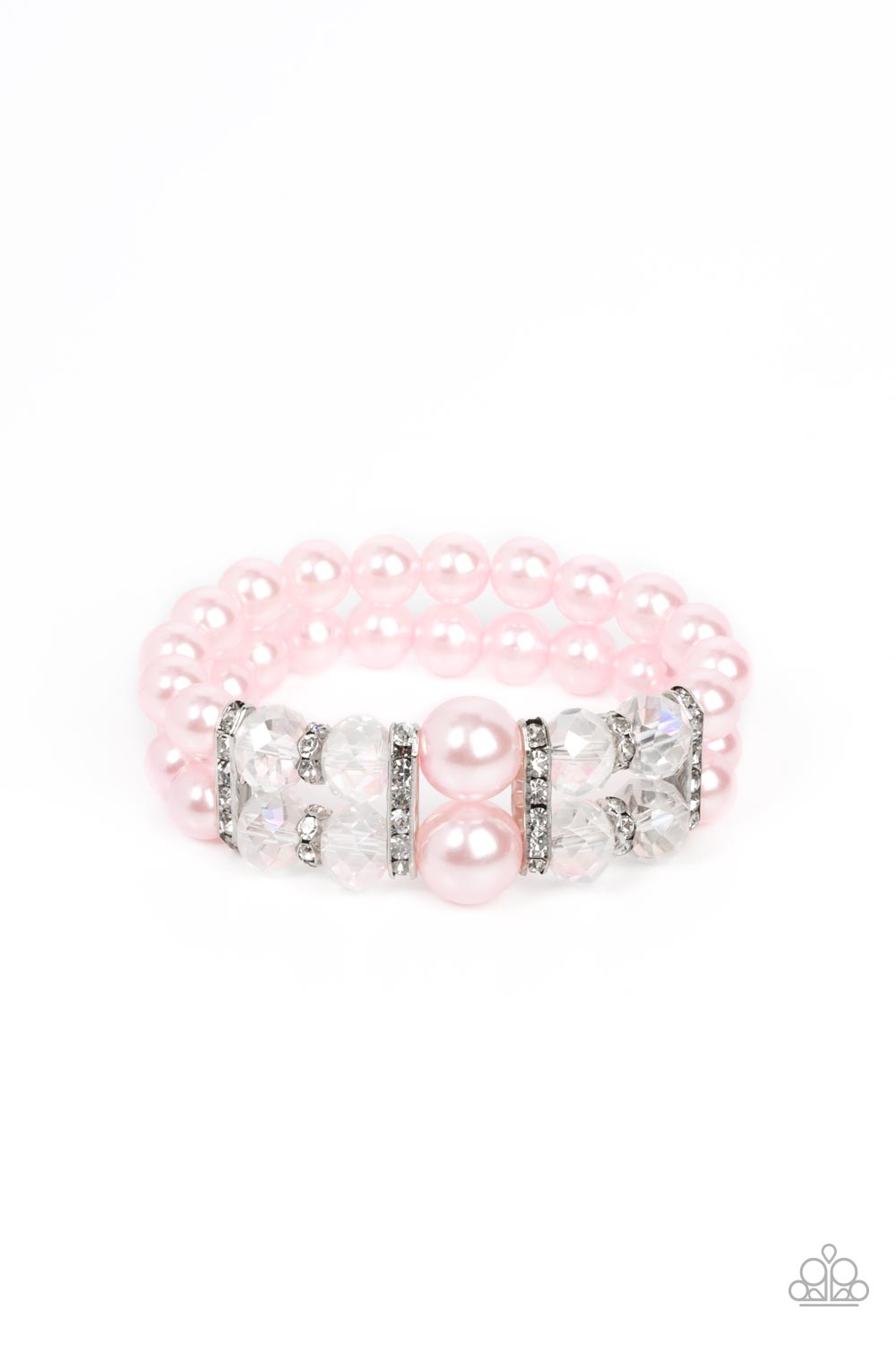 Timelessly Tea Party - Pink Pearl Bracelet - Paparazzi Accessories - Stretchy pair of bubbly pink pearl bracelets with white rhinestone encrusted silver rings, iridescent crystal-like beads, and oversized pink pearls for a timeless finish.