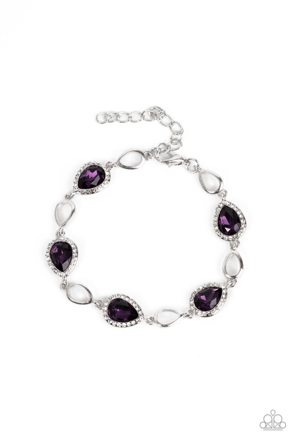 Timelessly Teary - Purple and Silver Bracelet - Paparazzi Accessories - Bordered in glassy white rhinestones, glittery purple teardrop gems link with airy silver teardrop frames around the wrist for a timeless twinkle. Features an adjustable clasp closure. Sold as one individual bracelet.