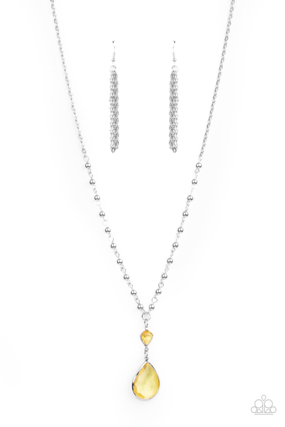 Titanic Splendor - Yellow Primrose Gem and Silver Necklace - Paparazzi Accessories - Primrose teardrop gem dangles from a lengthened silver chain. A small heart-shaped Primrose gem and shiny round beads accentuate the majestic fashion look of this necklace.