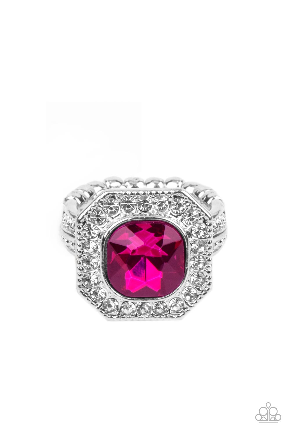 Title Match - Pink Gem and Silver Ring - Paparazzi Accessories - Bordered in a sparkly silver frame of glassy white rhinestones, an oversized pink gem adorns the finger for a timeless finish.