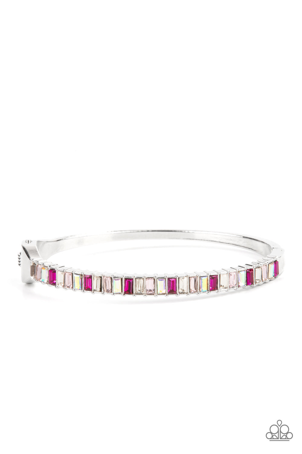 Toast to Twinkle - Pink Bling - Silver Hinge Closure Bracelet - Paparazzi Accessories -Regal emerald style cuts, a dainty row of pink and white rhinestones across the front of a silver cuff-like bangle for a timeless fashion bracelet. 