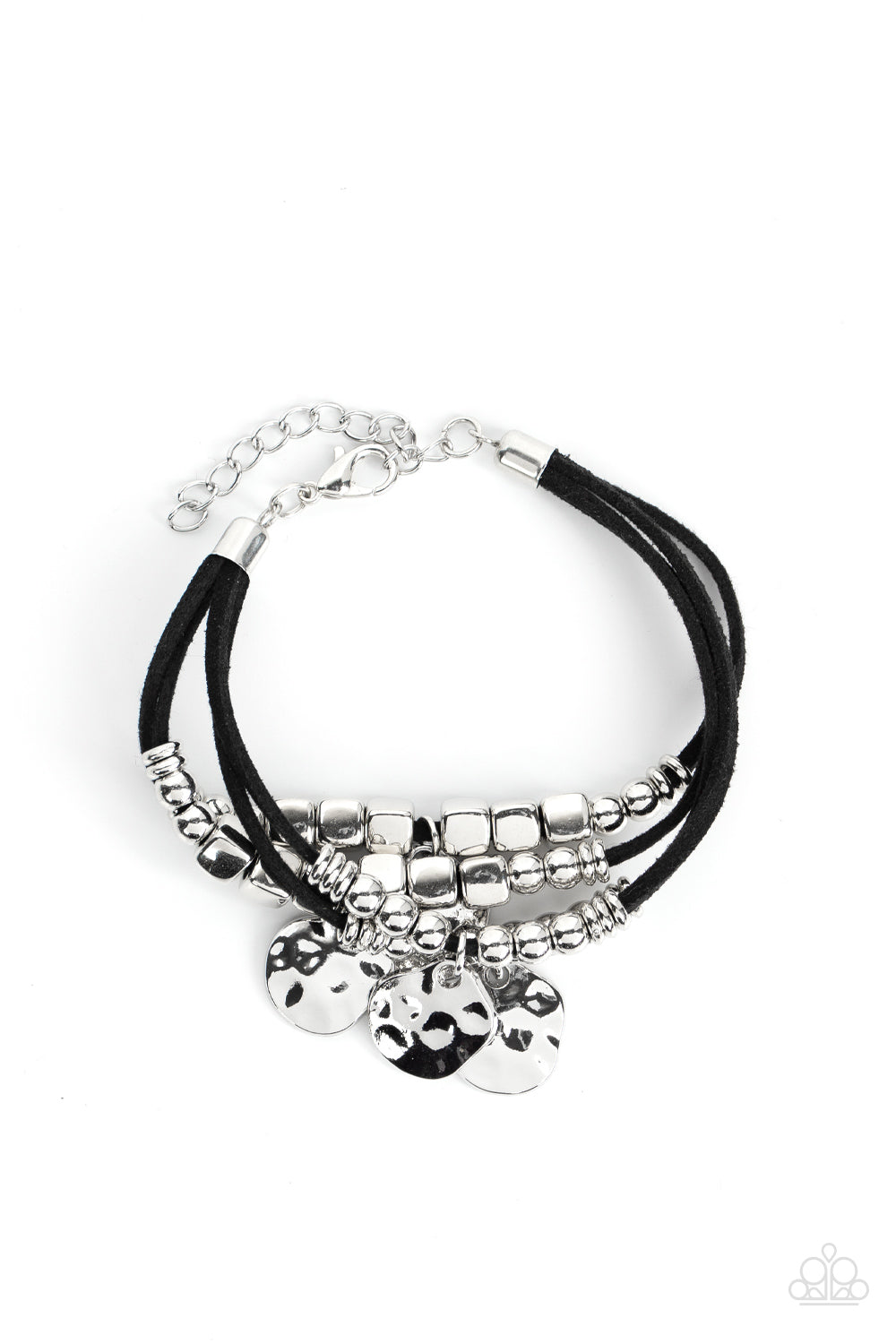 Token Trek - Black and Silver Bracelet  - Paparazzi Jewelry - Bejeweled Accessories By Kristie - Hammered silver discs swing from layers of black suede that are adorned with silver discs, beads, and cubes, for noisemaking shimmer around the wrist. Features an adjustable clasp closure.