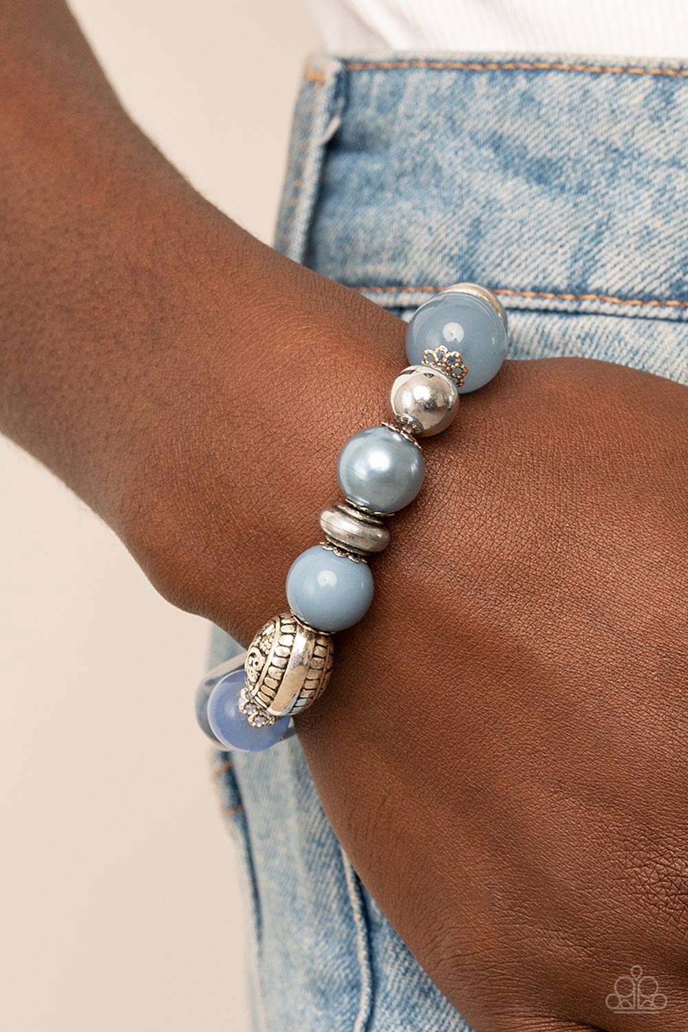 Tonal Takeover - Blue Pearly - Opaque Bead and Silver Stretchy Bracelet - An enchanting assortment of silver beads and white rhinestone encrusted silver rings join an opaque, glassy, and pearly assortment of Spring Lake beads along a stretchy band around the wrist.