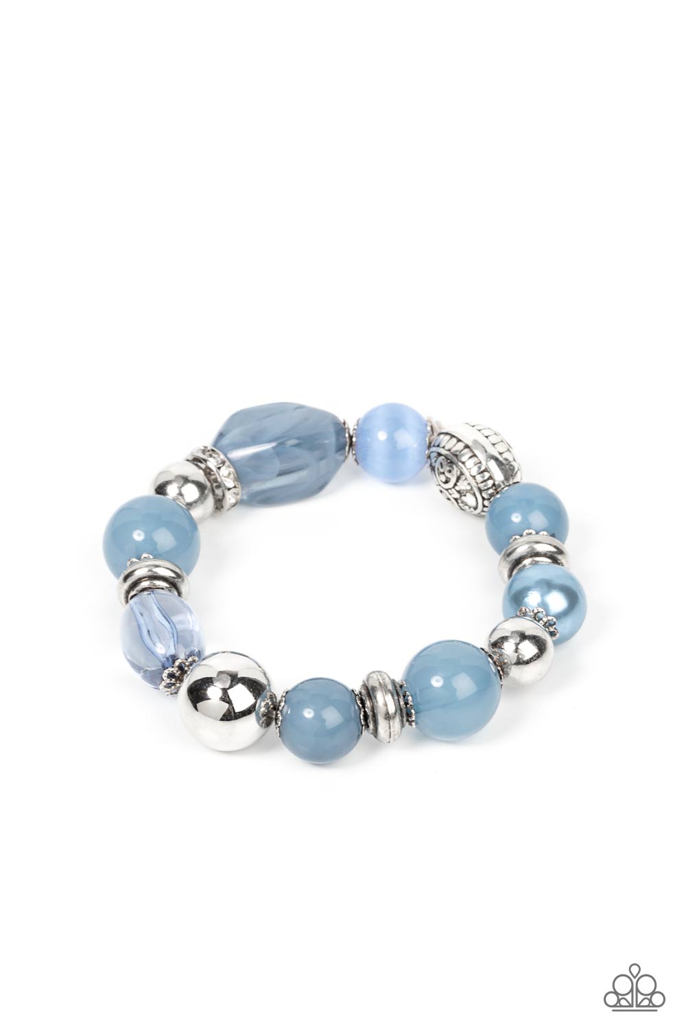 Tonal Takeover - Blue Pearly - Opaque Bead and Silver Stretchy Bracelet - Paparazzi Accessories - An enchanting assortment of silver beads and white rhinestone encrusted silver rings join an opaque, glassy, and pearly assortment of Spring Lake beads along a stretchy band around the wrist for a colorful fashion bracelet.