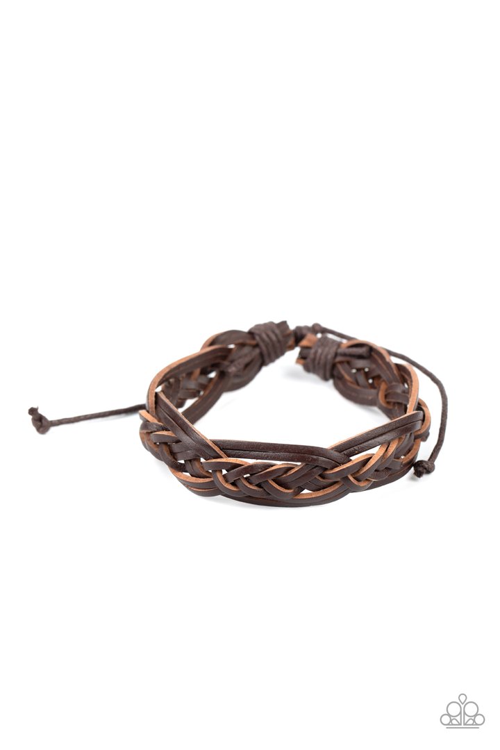Too Close To HOMESPUN - Brown Leather Urban Bracelet - Paparazzi Accessories - Rustic brown leather laces decoratively braid around the wrist for a colorfully rugged look. Features an adjustable sliding knot closure. Sold as one individual bracelet. Trendy Fashion for Men. 