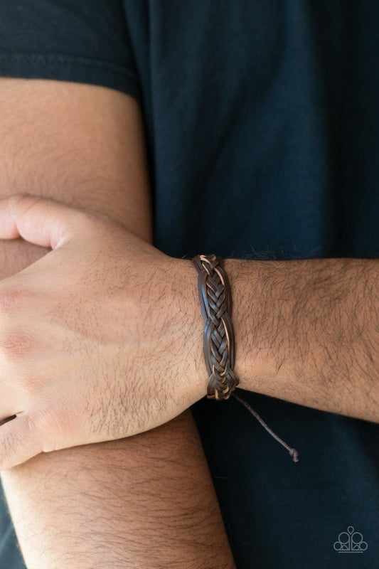 Too Close To HOMESPUN - Brown Leather Urban Bracelet - Paparazzi Accessories - Rustic brown leather laces decoratively braid around the wrist for a colorfully rugged look. Features an adjustable sliding knot closure. Sold as one individual bracelet.