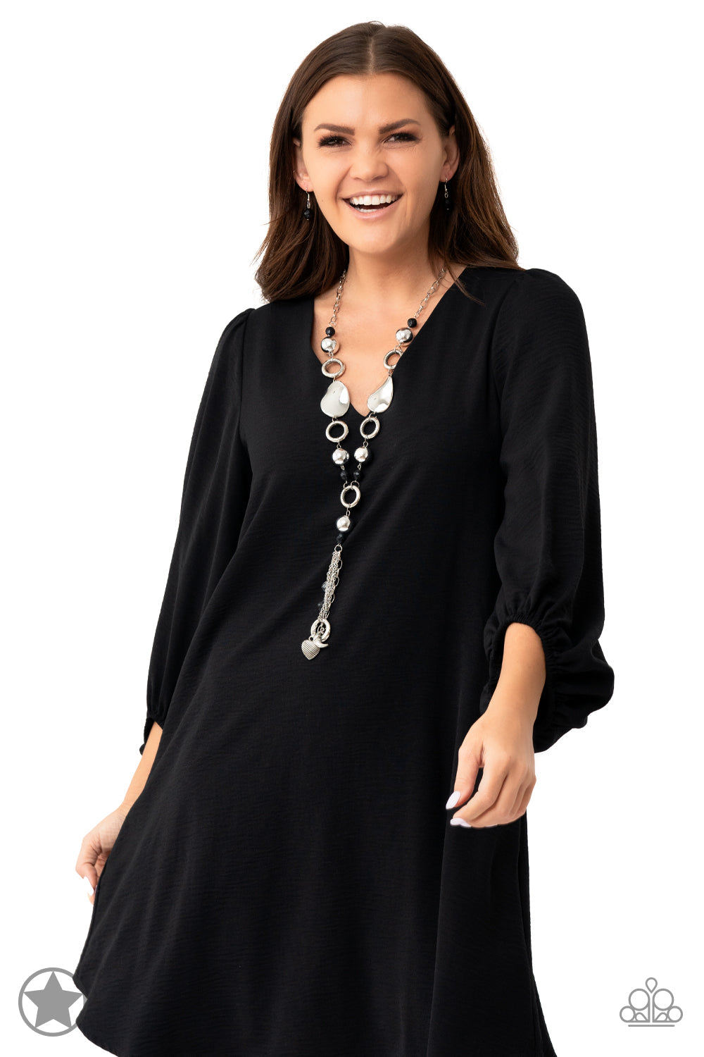 Total Eclipse Of the Heart - Silver and Black Necklace - Paparazzi Accessories - Long chain of black crystalized beads, curved plates of silver with a pearly finish, and chunky silver rings lead down to a tassel of chains and charms, including a crescent moon and a heart.