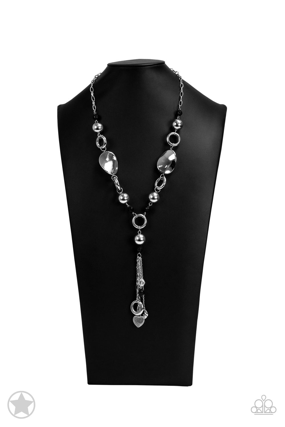 Total Eclipse Of the Heart - Silver and Black Fashion Necklace - Paparazzi Accessories - Long chain of black crystalized beads, curved plates of silver with a pearly finish, and chunky silver rings lead down to a tassel of chains and charms, including a crescent moon and a heart. 