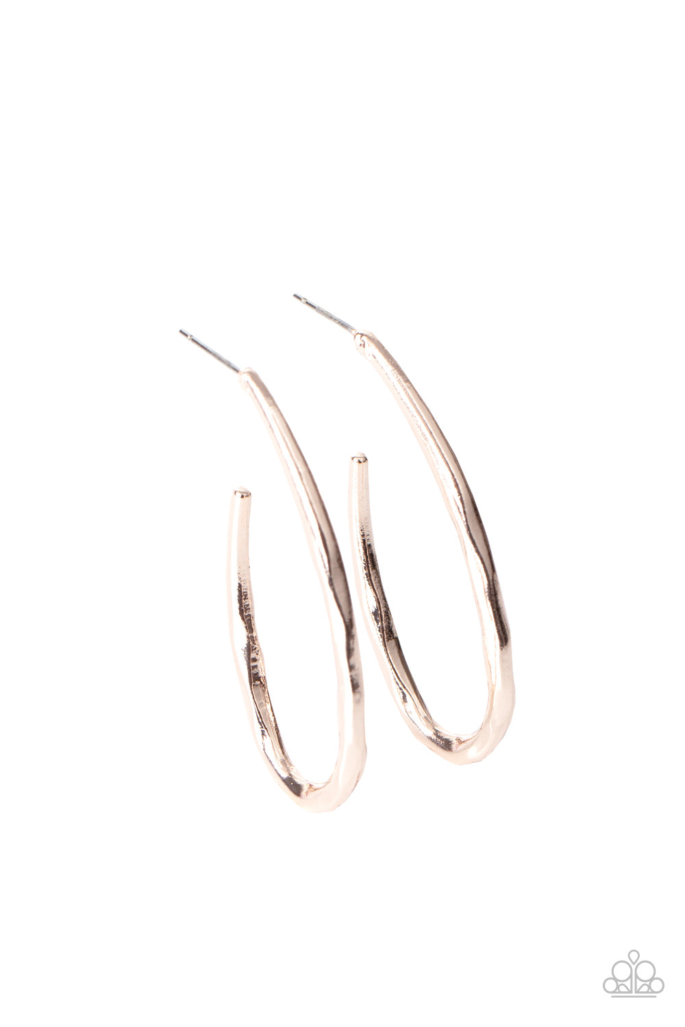 Totally Hooked - Rose Gold Hoop Earrings - Paparazzi Accessories - Delicately hammered in shimmery textures, a rose gold bar curves into an asymmetrical hook-like hoop for an edgy look. Earring attaches to a standard post fitting. Hoop measures approximately 1" in diameter. Sold as one pair of hoop earrings.