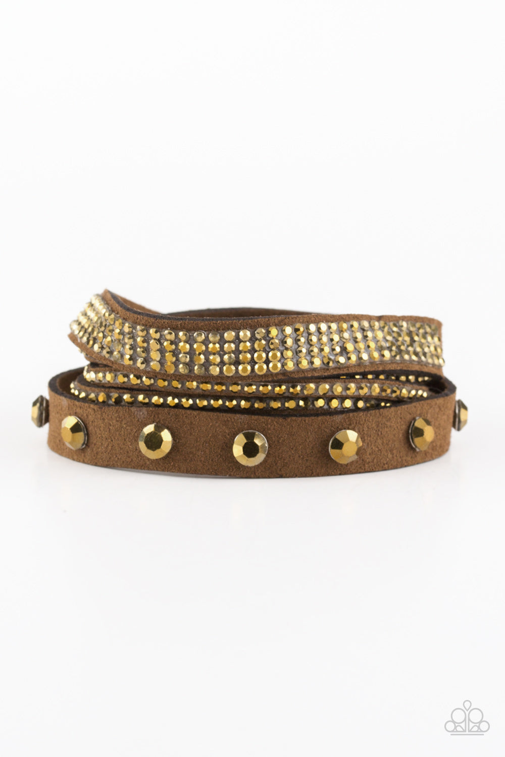 Totally Rockable - Brass and Brown Wrap Bracelet - Paparazzi Accessories - Brown suede is encrusted in sections of glittery aurum rhinestones for a sassy look. The band double wraps around the wrist for a fierce one-of-a-kind look. Features an adjustable snap closure.