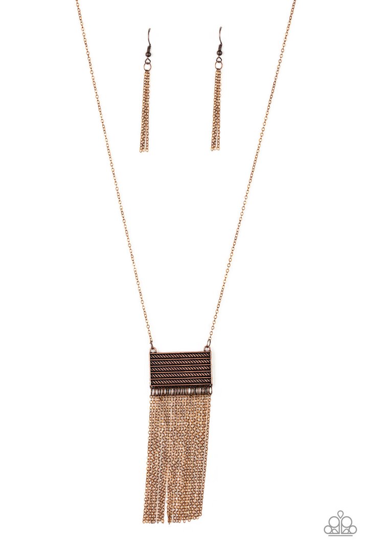 Totally Tassel - Copper Fashion Necklace - Paparazzi Accessories - This casual fashion copper necklace is radiating with glistening copper textures, a rectangular frame gives way to a dainty copper chain tassel for a stylish look.